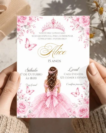 Convite Debutante Laço Rosa Interativo 15 anos