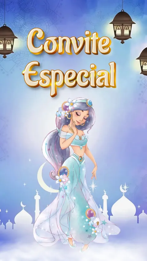 Convite de aniversário infantil Princesa Jasmine Aquarela animado com envelope e confirmação de presença