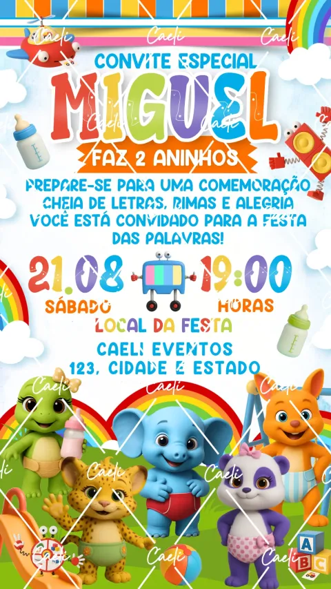 Convite de aniversário infantil Festa das Palavras com envelope e confirmação de presença