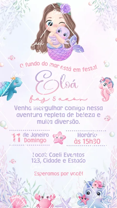 Convite de aniversário infantil Fundo do Mar Menina com envelope e confirmação de presença