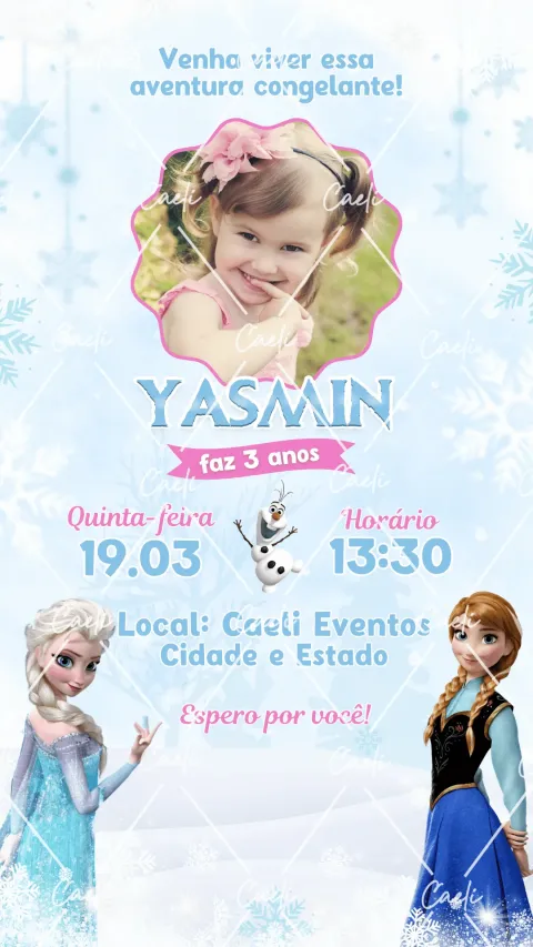 Convite de aniversário infantil Frozen com envelope e confirmação de presença