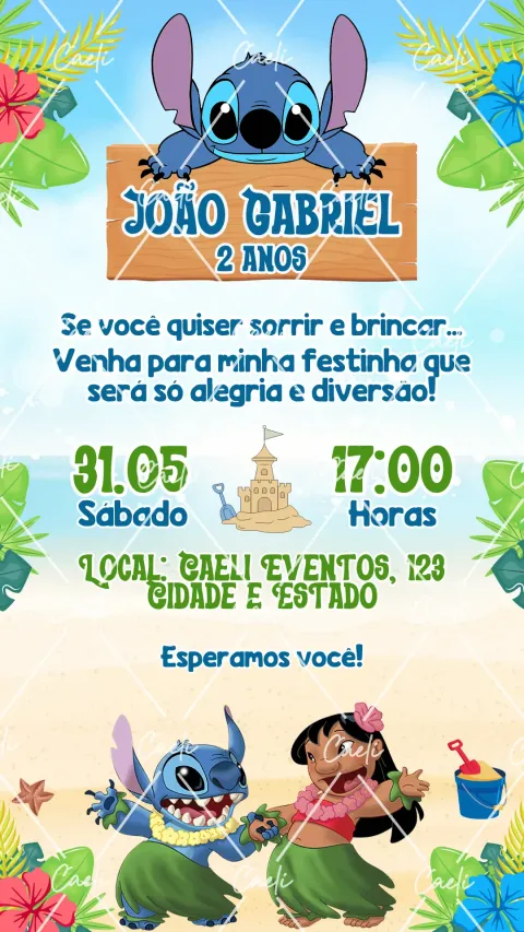 Convite de aniversário infantil Lilo e Stitch com envelope e confirmação de presença