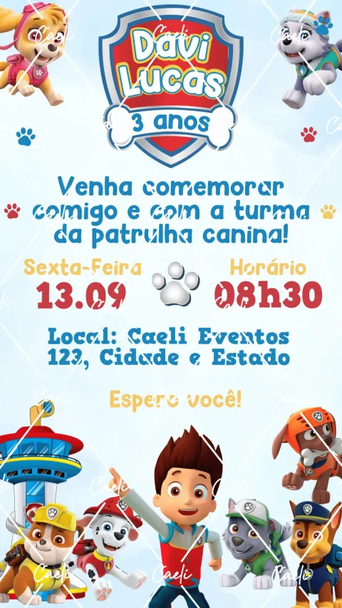 Convite de aniversário infantil Patrulha Canina Menino com envelope e confirmação de presença