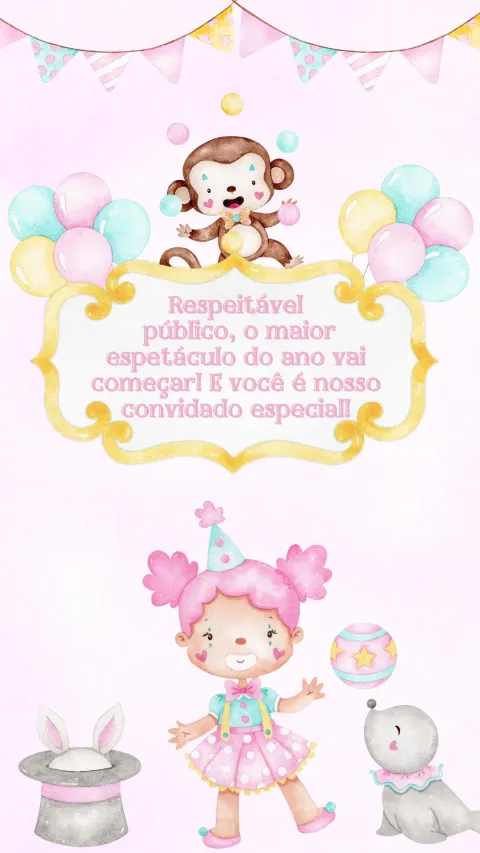 Convite de aniversário infantil Circo Rosa animado com envelope e confirmação de presença