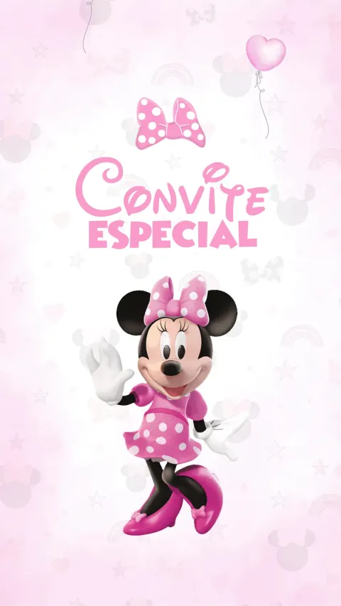 Convite de aniversário infantil Minnie Rosa animado com envelope e confirmação de presença
