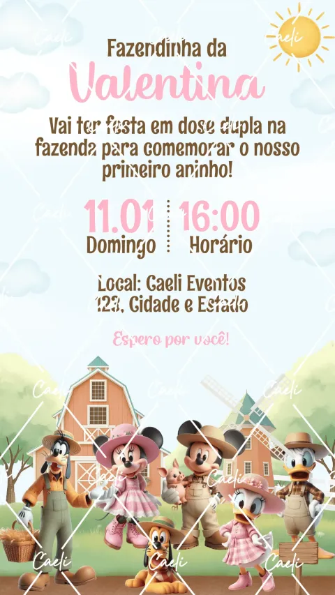 Convite de aniversário infantil Minnie Fazendinha com envelope e confirmação de presença