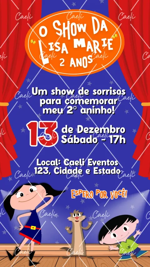 Convite de aniversário infantil Show da Luna com envelope e confirmação de presença