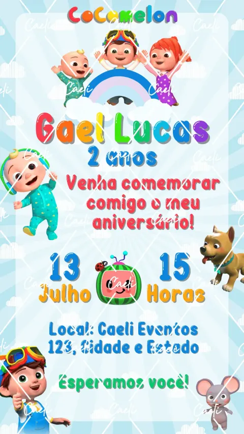 Convite de aniversário infantil Cocomelon com envelope e confirmação de presença