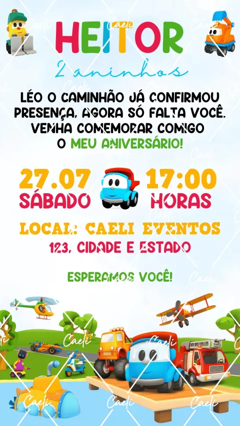 Convite de aniversário infantil Léo o Caminhão com envelope e confirmação de presença