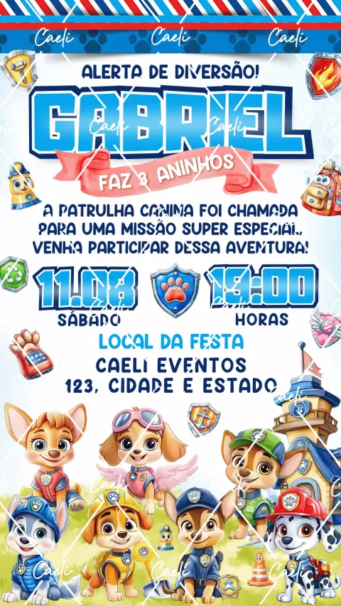 Convite de aniversário infantil Patrulha Canina Cute com envelope e confirmação de presença