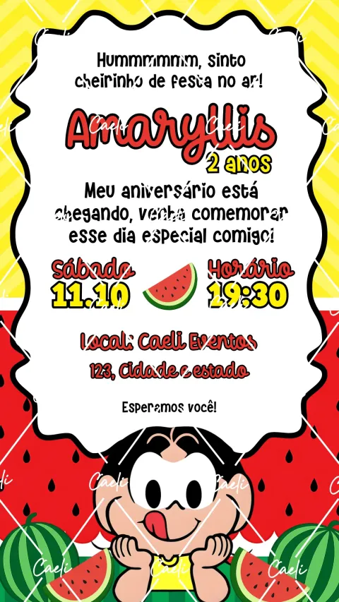 Convite de aniversário infantil Magali com envelope e confirmação de presença