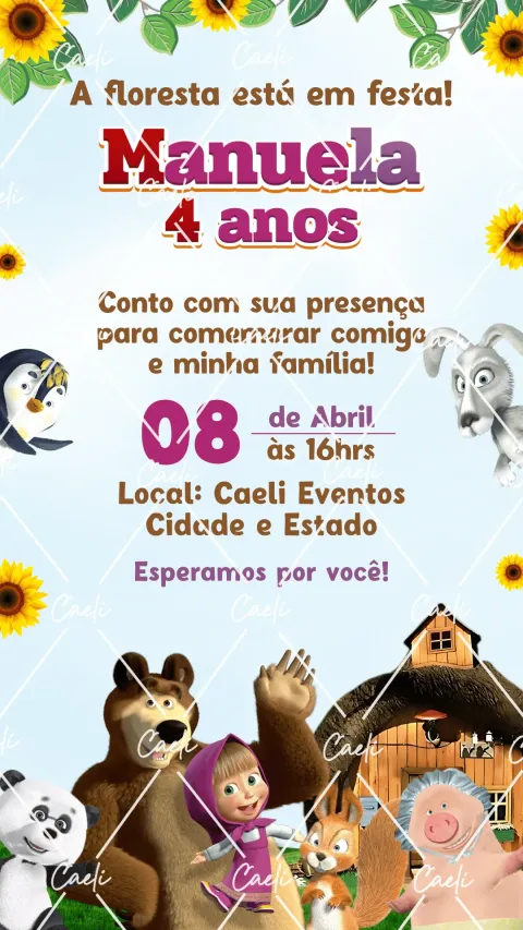 Convite de aniversário infantil Masha e o Urso com envelope e confirmação de presença