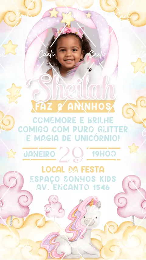 Convite de aniversário infantil Unicórnio com envelope e confirmação de presença