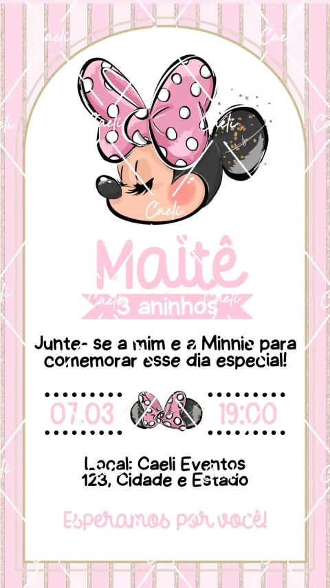 Convite de aniversário infantil Minnie Rosa com envelope e confirmação de presença