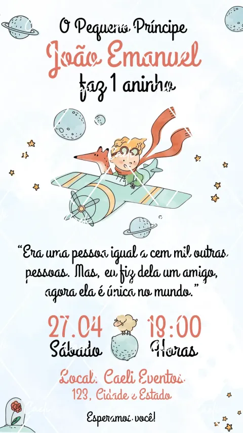 Convite de aniversário infantil Pequeno Príncipe com envelope e confirmação de presença
