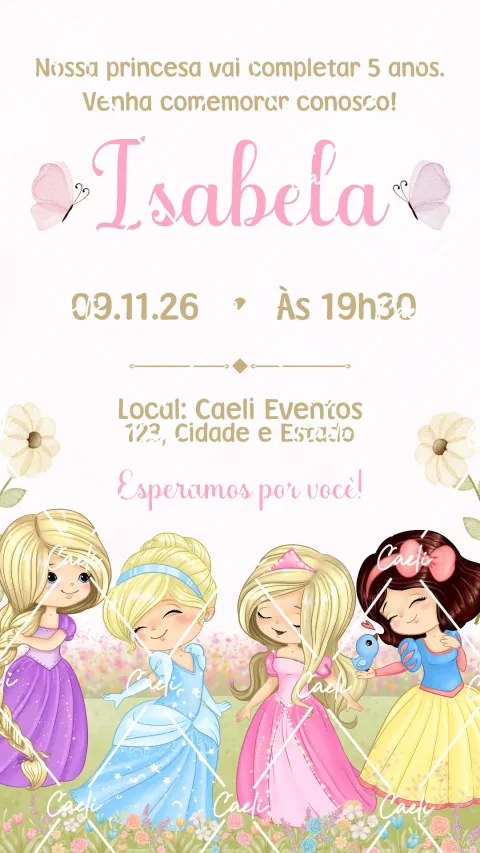 Convite de aniversário infantil Princesas da Disney Cute com envelope e confirmação de presença