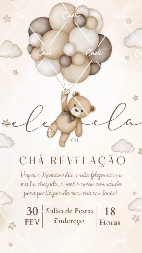 Convite de chá revelação neutro com envelope e confirmação de presença