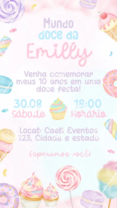 Convite de aniversário infantil Mundo Doce com envelope e confirmação de presença