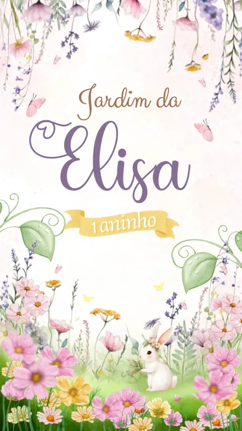 Convite de aniversário infantil Jardim Encantado animado com envelope e confirmação de presença