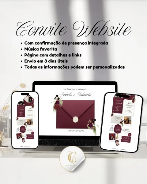 Convite de casamento website – Site Vinho com envelope e confirmação de presença