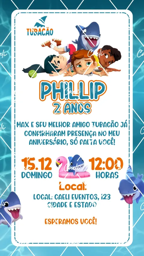 Convite de aniversário infantil Tubacão com envelope e confirmação de presença