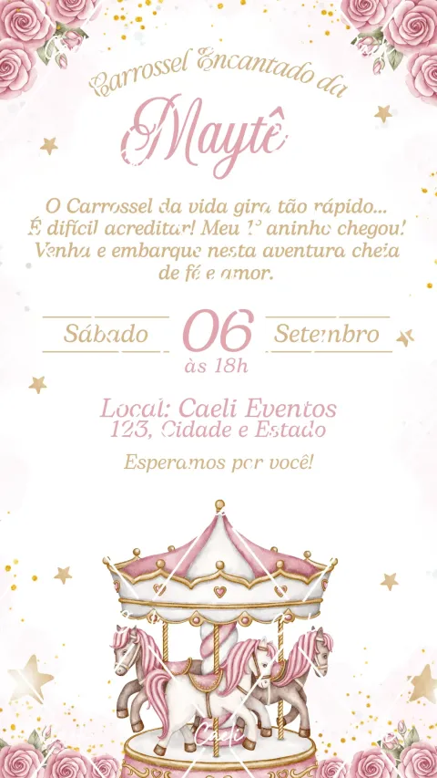 Convite de aniversário infantil Carrossel Rosa com envelope e confirmação de presença