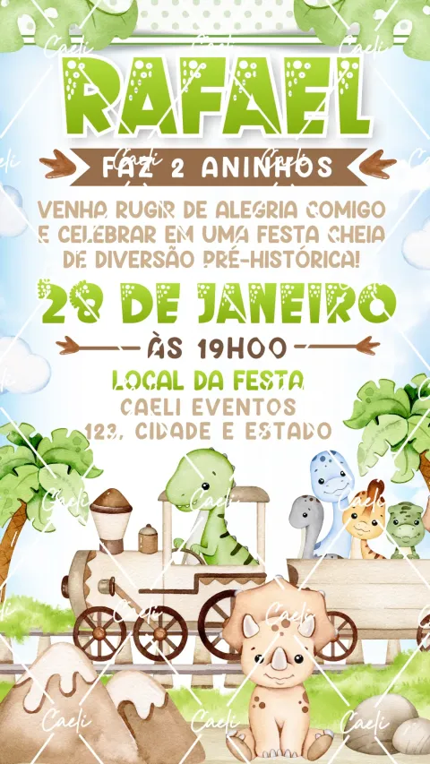 Convite de aniversário infantil Dinossauro Cute com envelope e confirmação de presença