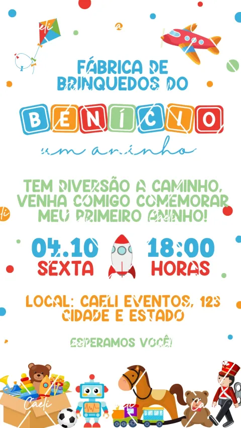 Convite de aniversário infantil Fábrica de Brinquedos com envelope e confirmação de presença