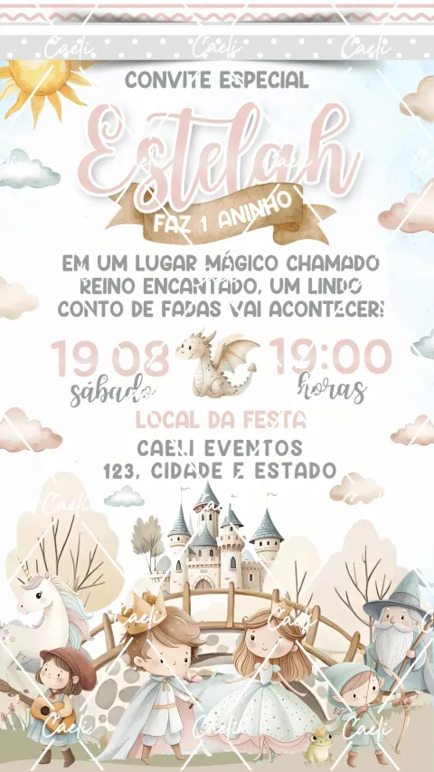 Convite de aniversário infantil Reino Encantado Cute com envelope e confirmação de presença