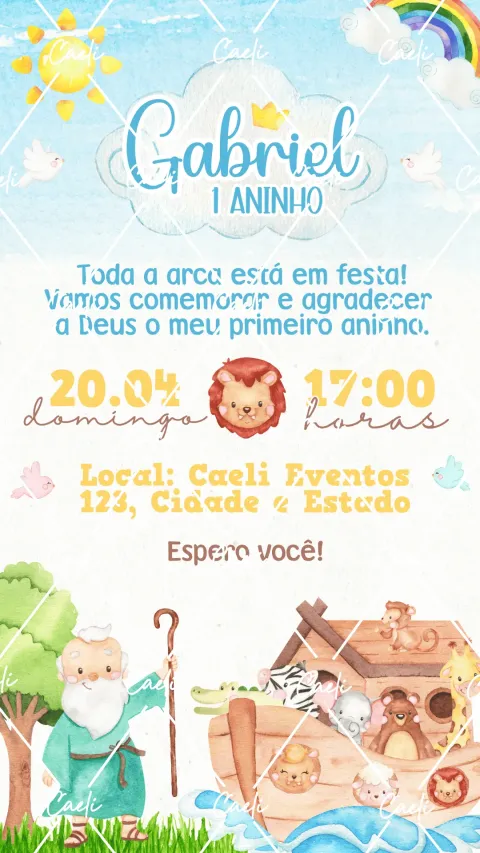 Convite de aniversário infantil Arca de Noé Menino com envelope e confirmação de presença
