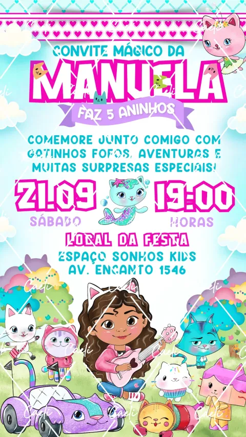 Convite de aniversário infantil Casa Mágica da Gabby com envelope e confirmação de presença