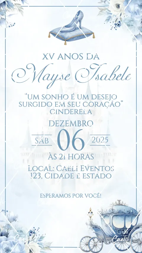 Convite de 15 anos floral azul com envelope e confirmação de presença