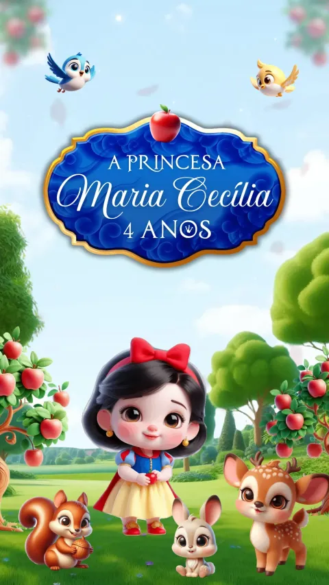 Convite de aniversário infantil Branca de Neve Cute animado com envelope e confirmação de presença