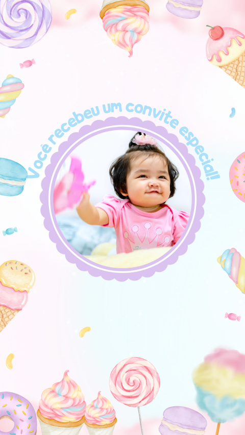 Convite de aniversário infantil Mundo Doce animado com envelope e confirmação de presença