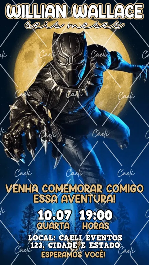 Convite de aniversário infantil Pantera Negra com envelope e confirmação de presença