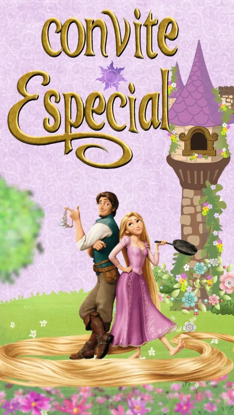 Convite de aniversário infantil Rapunzel Enrolados animado com envelope e confirmação de presença