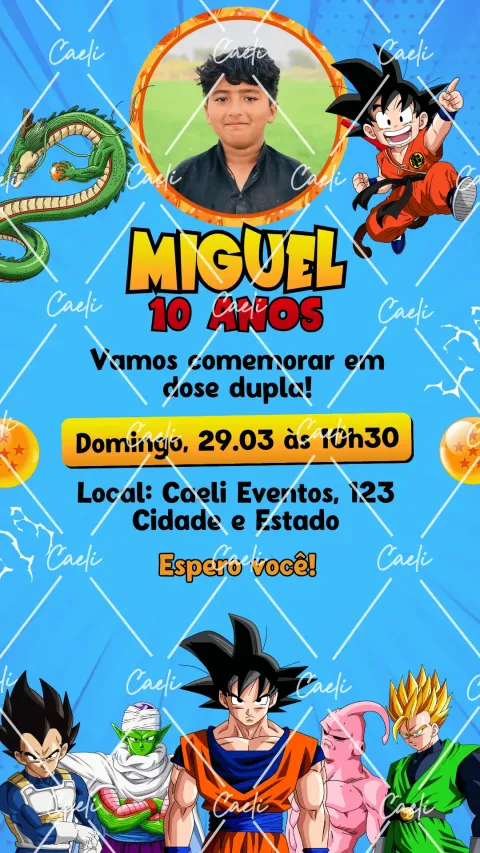 Convite de aniversário infantil Dragon Ball com envelope e confirmação de presença