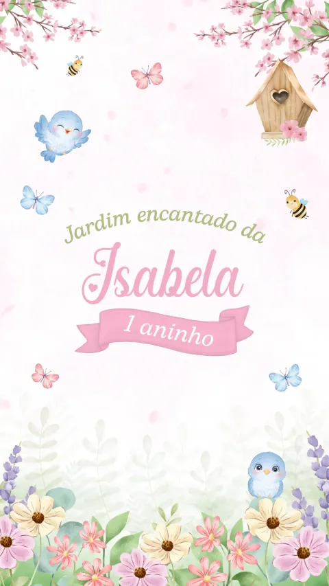 Convite de aniversário infantil Jardim Encantado animado com envelope e confirmação de presença