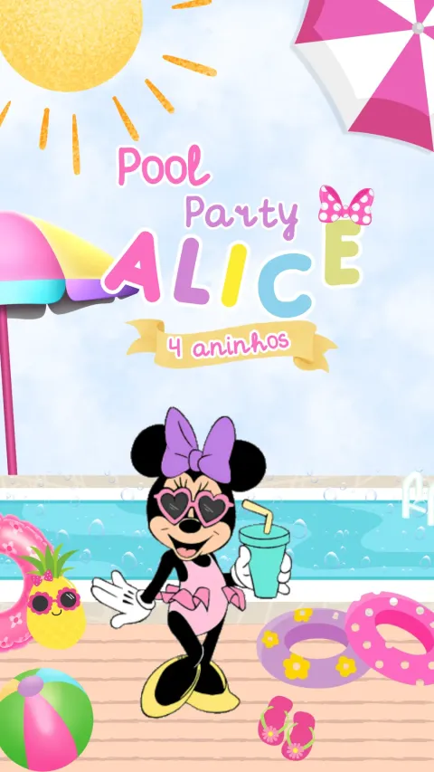 Convite de aniversário infantil Minnie Pool Party animado com envelope e confirmação de presença