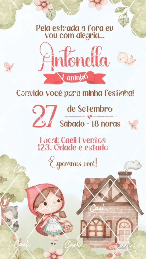 Convite de aniversário infantil Chapeuzinho Vermelho com envelope e confirmação de presença