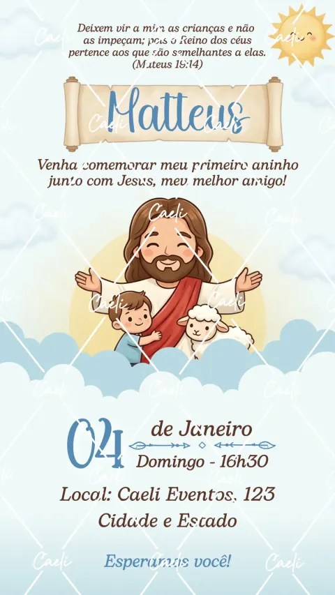 Convite de aniversário infantil Jesus meu melhor amigo com envelope e confirmação de presença