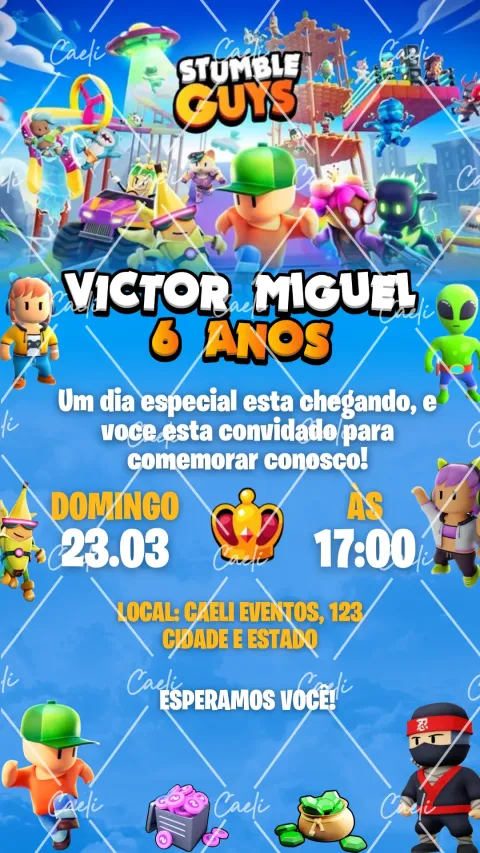 Convite de aniversário infantil Stumble Guys com envelope e confirmação de presença