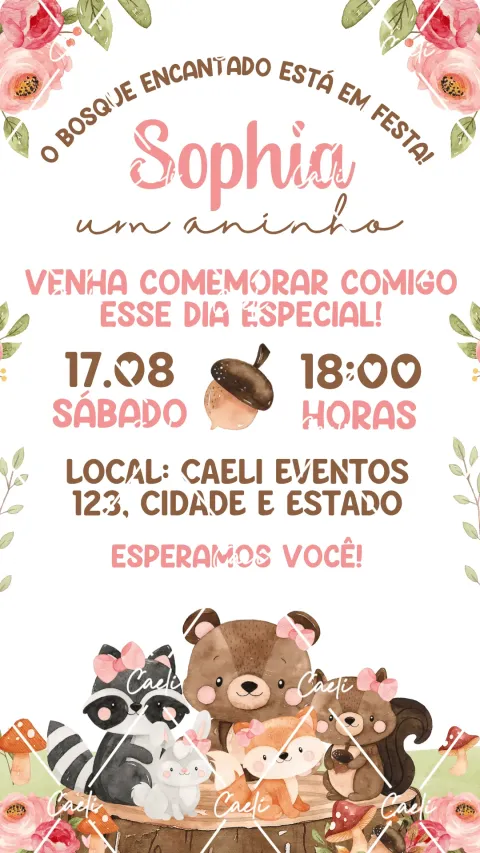 Convite de aniversário infantil Bosque Encantado Menina com envelope e confirmação de presença