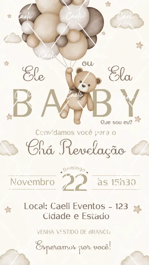 Convite de chá revelação bege neutro com envelope e confirmação de presença