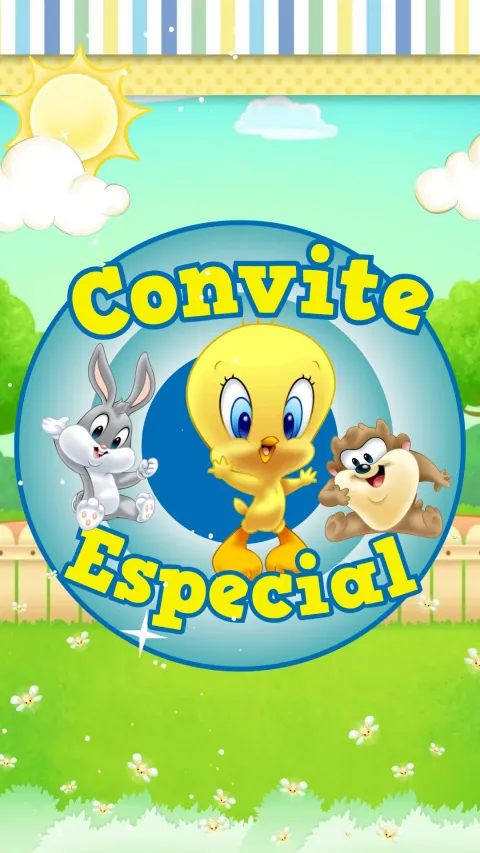 Convite de aniversário infantil Baby Looney Tunes Menino animado com envelope e confirmação de presença