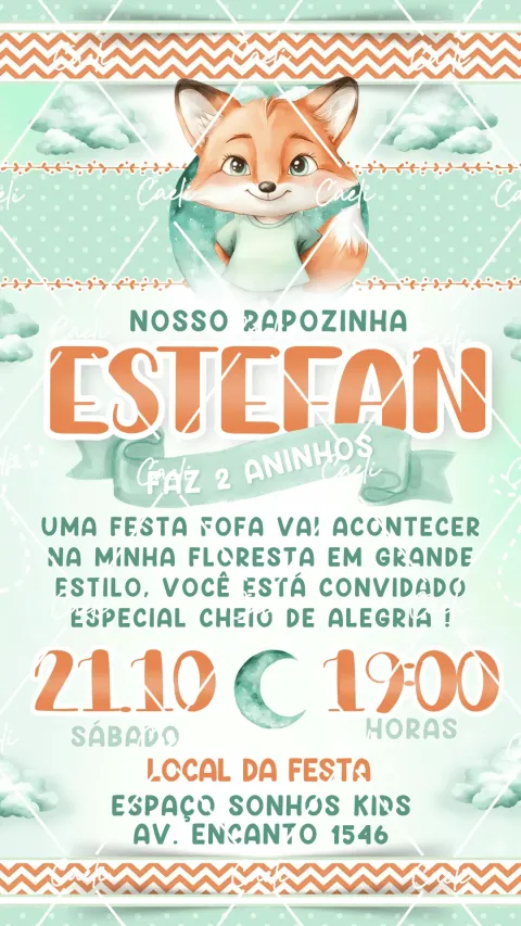 Convite de aniversário infantil Raposinha com envelope e confirmação de presença