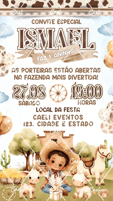 Convite de aniversário infantil Cowboy com envelope e confirmação de presença