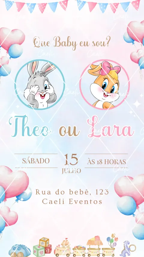 Convite de chá revelação azul e rosa – Baby Looney Tunes com envelope e confirmação de presença
