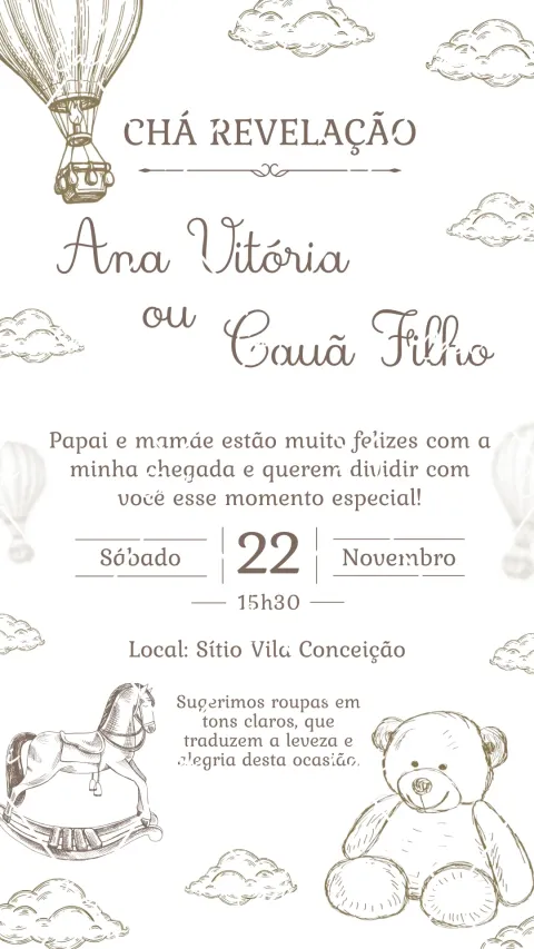 Convite de chá revelação neutro – Minimalista Clean com envelope e confirmação de presença