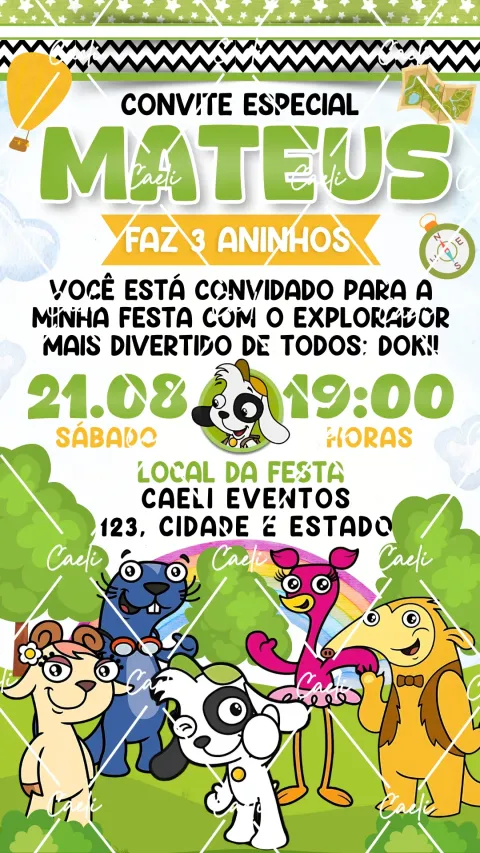 Convite de aniversário infantil Doki com envelope e confirmação de presença